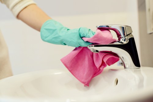 Upholstery cleaning equipment used on a living room sofa