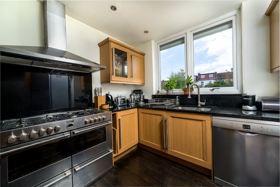 A modern kitchen featuring wooden cabinetry and a dark granite countertop, with a large double-glazed window demonstrating a residential street view under a partly cloudy sky. The stainless steel gas stove and oven are prominently positioned on the left, showing a clean and polished surface. Next to it, a wooden knife block and various small appliances, including a toaster and kettle, are arranged neatly on the countertop. On the right side, there is a stainless steel dishwasher integrated into the cabinetry, with a black sink and chrome faucet situated beneath the window. Several potted plants are placed on the windowsill, adding a touch of greenery. The room is well-lit with natural daylight, emphasizing the spotless and well-maintained surfaces, including the shiny appliances and the dust-free countertops, indicative of thorough domestic cleaning and surface sanitisation by Cleaners Finsbury Park.